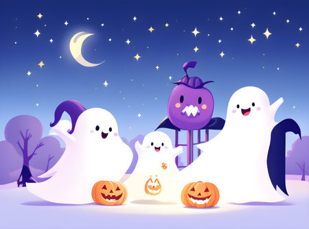 Happy little spirits bounce and float beneath a moonlit sky, sharing smiles with glowing pumpkins in a cozy, cheerful Halloween scene. This image is part of the ?Spooky Friends at the Playground? series.の素材