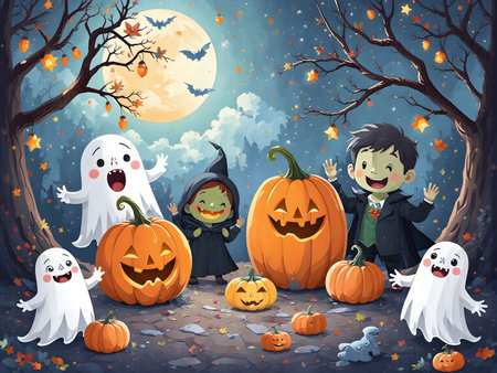 Cute scene of friendly ghosts, pumpkins and little witches under a bright full moon in a cozy village setting; Kid-safe style ideal for stickers, posters and classroom printables. This image is part of the ?Spooky Friends at the Playground? series.の素材