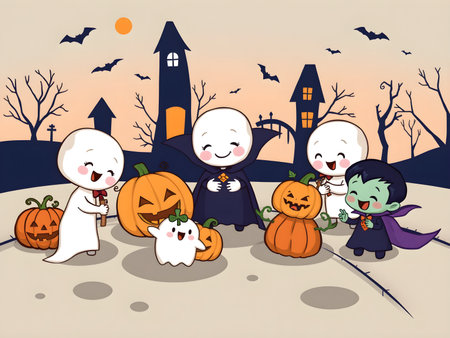 Cute cartoon illustration of little ghosts, vampires, and pumpkins playing together on a moonlit playground; smiling faces, pastel colors, gentle vector style, child-friendly. This image is part of the ?Spooky Friends at the Playground? series.の素材
