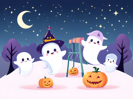 Happy little spirits bounce and float beneath a moonlit sky, sharing smiles with glowing pumpkins in a cozy, cheerful Halloween scene. This image is part of the ?Spooky Friends at the Playground? series.の素材