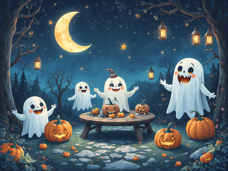 Cute, detailed illustration of cheerful ghosts and glowing pumpkins around a lantern-lit house at night; kid-safe Halloween artwork for stickers, posters, and classroom printables. This image is part of the ?Spooky Friends at the Playground? series.の素材