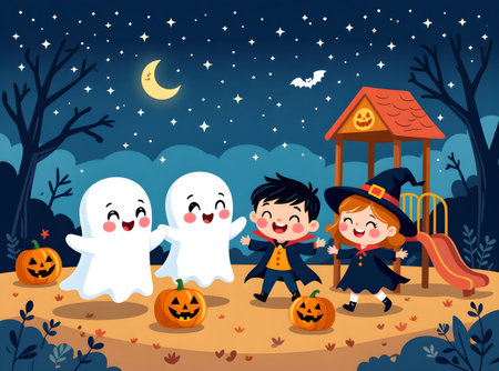 Happy children and cheerful little spirits gather around glowing jack-o?-lanterns beneath a bright moon, creating a cozy, playful Halloween scene. This image is part of the ?Spooky Friends at the Playground? series.の素材