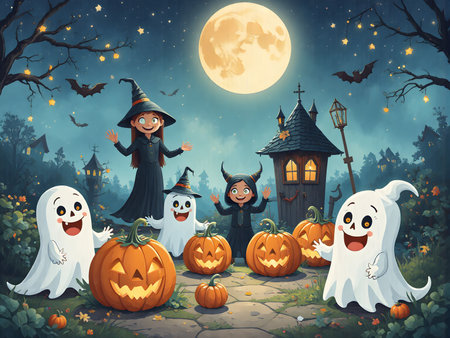 Cute scene of friendly ghosts, pumpkins and little witches under a bright full moon in a cozy village setting; Kid-safe style ideal for stickers, posters and classroom printables. This image is part of the ?Spooky Friends at the Playground? series.の素材