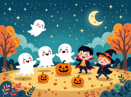 Happy children and cheerful little spirits gather around glowing jack-o?-lanterns beneath a bright moon, creating a cozy, playful Halloween scene. This image is part of the ?Spooky Friends at the Playground? series.の素材