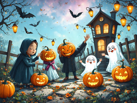 Cute, detailed illustration of cheerful ghosts and glowing pumpkins around a lantern-lit house at night; kid-safe Halloween artwork for stickers, posters, and classroom printables. This image is part of the ?Spooky Friends at the Playground? series.の素材