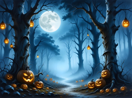 Digital Halloween illustration showing glowing jack-oの素材