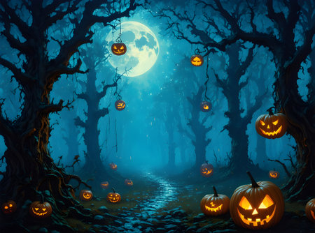 A mystical Halloween forest filled with glowing pumpkins and moonlight, casting eerie shadows on twisted trees. Part of the seriesの素材