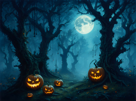 A mystical Halloween forest filled with glowing pumpkins and moonlight, casting eerie shadows on twisted trees. Part of the seriesの素材