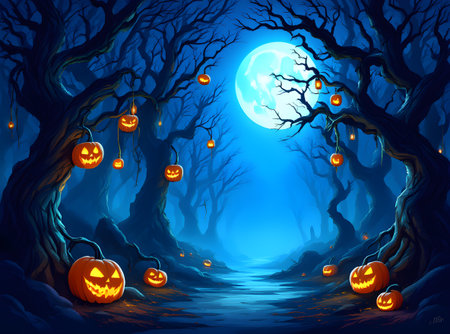 Digital Halloween illustration of a dark forest illuminated by glowing jack-oの素材