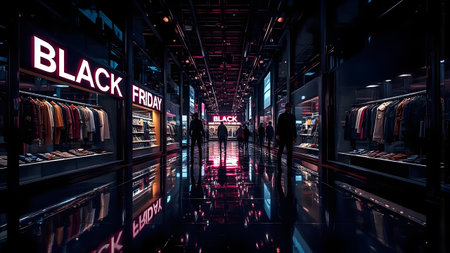 Stylish indoor shopping corridor on Black Friday, with bold signage, glossy reflections and silhouetted shoppers in front of fashion storefrontsの素材