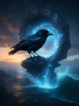 A mystical raven stands on a seaside rock as a glowing cosmic portal swirls behind it. Cinematic dusk light, crashing waves and starry sparks create a powerful fantasy mood. Part of the seriesの素材