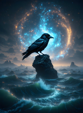 A mystical raven stands on a rugged sea rock while a glowing cosmic swirl lights up the sky and stormy waves crash below. Cinematic blues and gold sparks create powerful fantasy cover art. Part of the seriesの素材