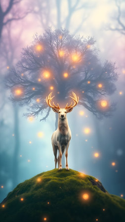 A majestic deer with glowing antlers stands on a mossy hill as warm golden orbs float through a misty forest. Dreamy, cinematic fantasy mood for posters, book covers, wellness brands, and seasonal campaigns. Part of the seriesの素材