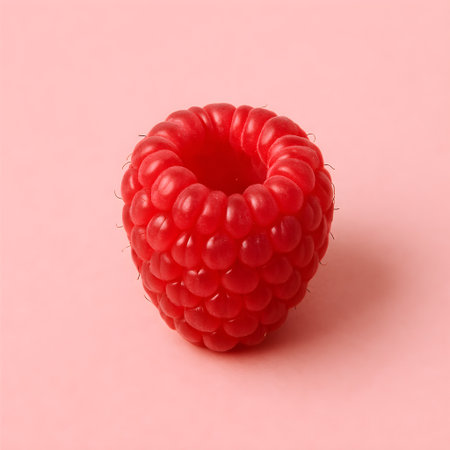 Minimal studio portrait of a single raspberry on a soft pastel pink background. Crisp texture, clean styling and copy spaceの素材
