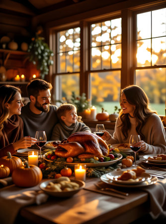 A warm, candid Thanksgiving scene: a family gathered around a golden roast turkey, candlelight glowing through autumn windows, laughter and conversation filling the cozy dining room. Perfect for holiday, family, and food themes. Generated by Aiの素材