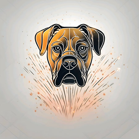 Boxer dog head with fireworks. Vector illustration on light background.の素材