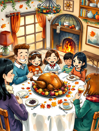 A cheerful Thanksgiving illustration of a happy family gathered around a festive table with a roast turkey, autumn leaves, and cozy indoor decor. Bright, wholesome, and perfect for seasonal ads, blogs, and greeting cards. This image is part of the seriesの素材