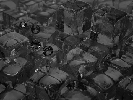 In and Out of Focus Scattered Diamonds on a Bed of Ice Cubes, Showing the Facet Cut of the Gem Stone.の写真素材