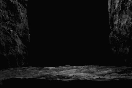 A Lumpy Rock Shelf for a Product Display, Showing a Harsh Texture to the Horizontal Surface with Blurred Side Walls.の写真素材