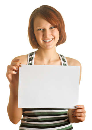 young girl with the sheet of white paperの写真素材