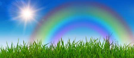 Landscape with rainbow in the warm summer weather. Nice background.の写真素材