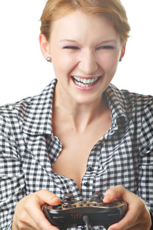 Portrait with a joystick in her hands. Isolation on white.の写真素材
