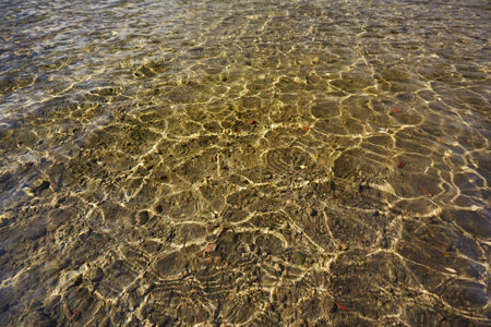 Texture of beige water on the sea beach. Sun glare on the surface, play of light and shadow