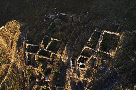 Top view, landscape: ruins of a village in the mountainsの写真素材