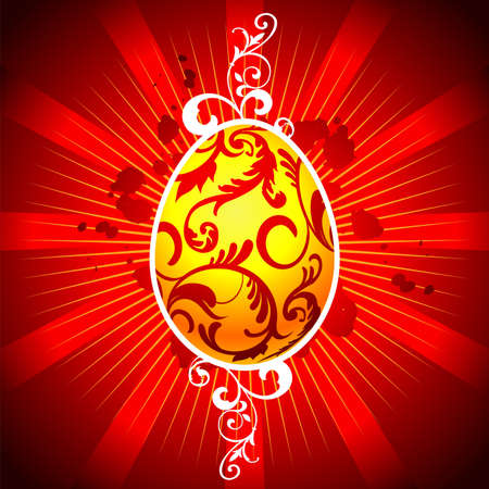  easter illustration with yellow painted egg on red backgroundのイラスト素材