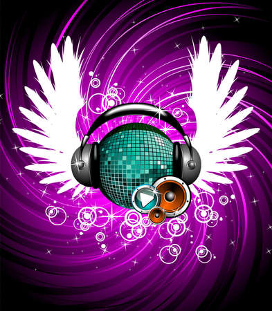 Illustration for a musical theme with wings and disco ball.のイラスト素材