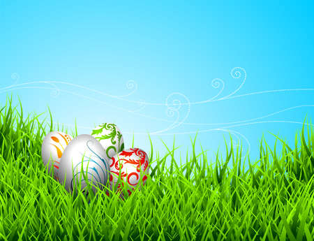  Easter illustration with color painted eggs on spring backgroundのイラスト素材