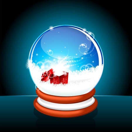 illustration on a Christmas theme with snow globe against and magic gift box on blue background.のイラスト素材