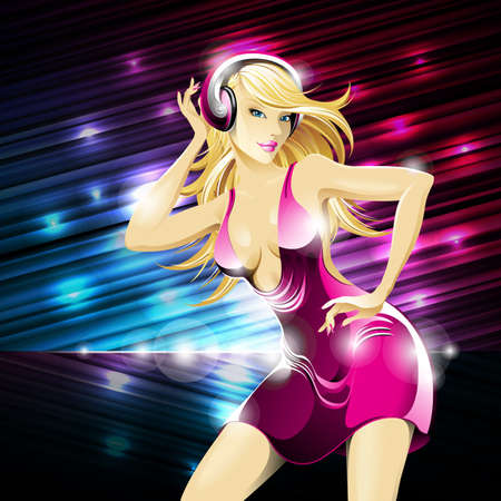  party illustration about a beautiful sexy woman on a music and disco theme. She is dancing and listening music with headphone.のイラスト素材