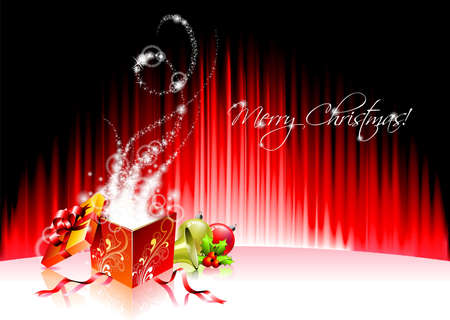 Vector Holiday illustration on a Christmas theme with magic gift box and shiny holiday elements on red background.のイラスト素材