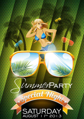 Vector Summer Beach Party Flyer Design with sexy girl and sunglasses on green background. Eps10 illustration.のイラスト素材