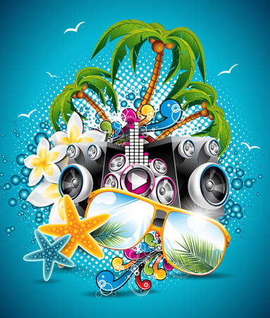 Summer Beach Party Flyer Design with sunglasses and starfish on blue background. のイラスト素材