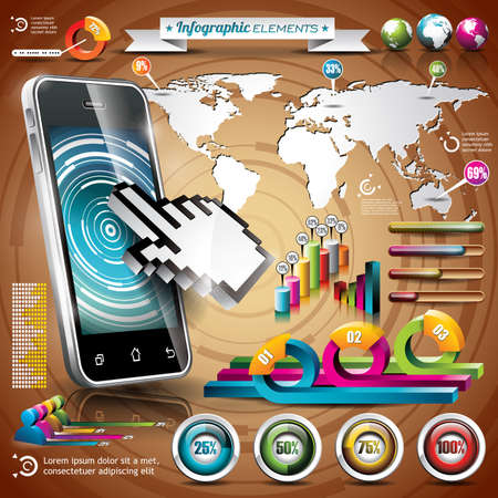 design set of infographic elements. World map and information graphics on mobile phone.のイラスト素材