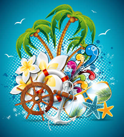 Summer Holiday Flyer Design with palm trees and shipping elements.のイラスト素材