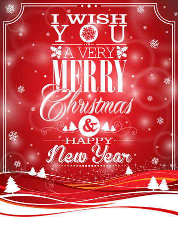 Vector Christmas illustration with typographic design on landscape background. のイラスト素材