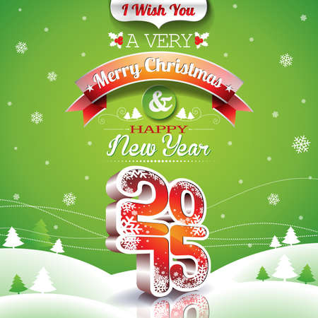 Vector Christmas illustration with typographic design on landscape background. EPS 10 illustration.のイラスト素材