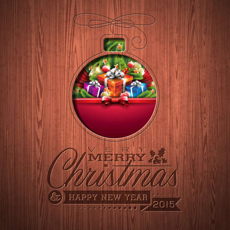 Engraved Merry Christmas and Happy New Year typographic design with holiday elements on wood texture background. EPS 10 Vector illustration.のイラスト素材