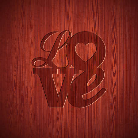 Vector Valentines Day illustration with engraved Love typography design on wood texture background.のイラスト素材