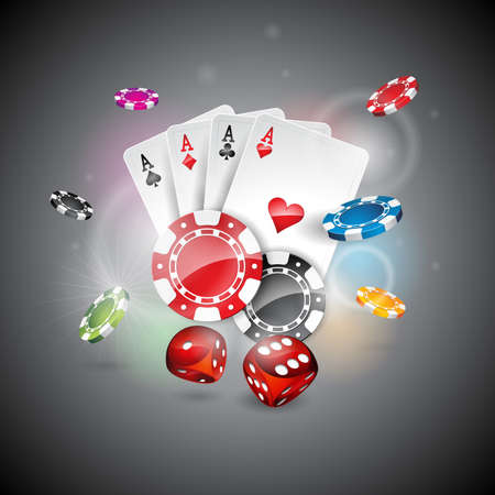 Vector illustration on a casino theme with color playing chips and poker cards on shiny background. Eps 10 design.のイラスト素材