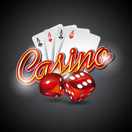 Vector illustration on a casino theme with dices and poker cards on dark background. design.のイラスト素材