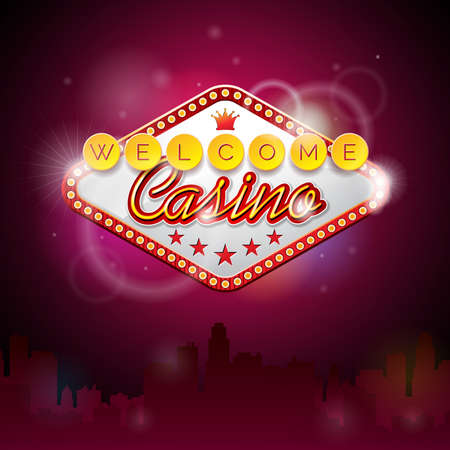 Vector illustration on a casino theme with lighting display and welcome text on purple background.  design.のイラスト素材