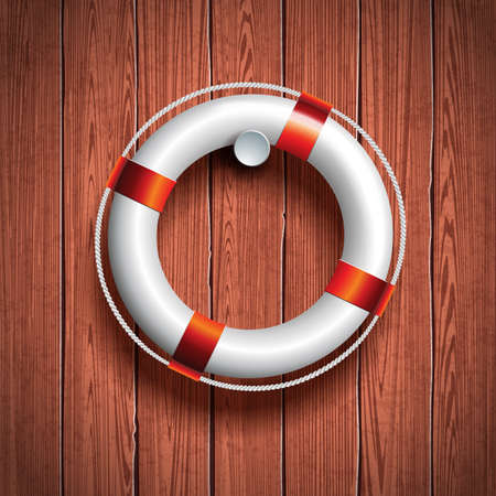 Vector summer holiday illustration with lifebouy on wooden background. Eps 10 design.のイラスト素材