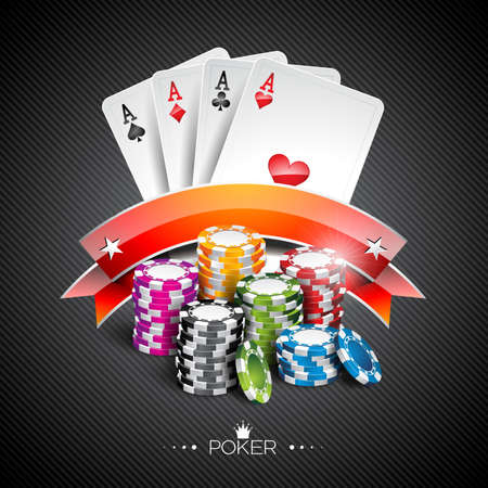 Vector illustration on a casino theme with color playing chips and poker cards on dark background. のイラスト素材