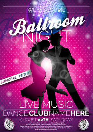 Vector Ballroom Night Party Flyer design with couple dancing tango on dark background. EPS 10 illustrationのイラスト素材