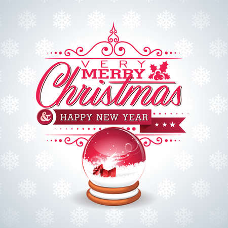 Vector Christmas illustration with magic snow globe and typographic design on snowflakes background.  のイラスト素材