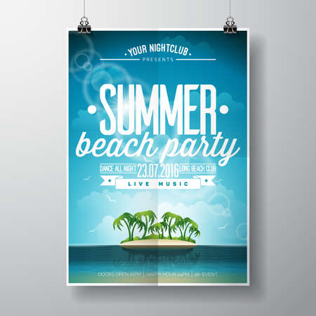 Summer Beach Party Design with typographic elements on ocean landscape background. illustration.のイラスト素材